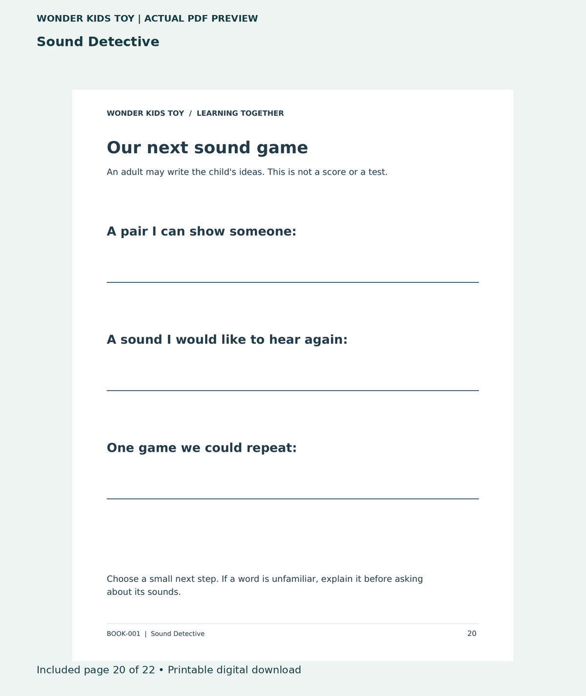 Sound Detective: actual included PDF page 20 of 22, readable interior preview