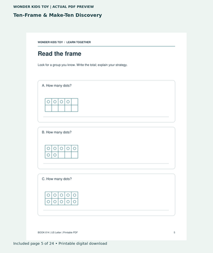 Ten-Frame & Make-Ten Discovery: actual included PDF page 5 of 24, readable interior preview