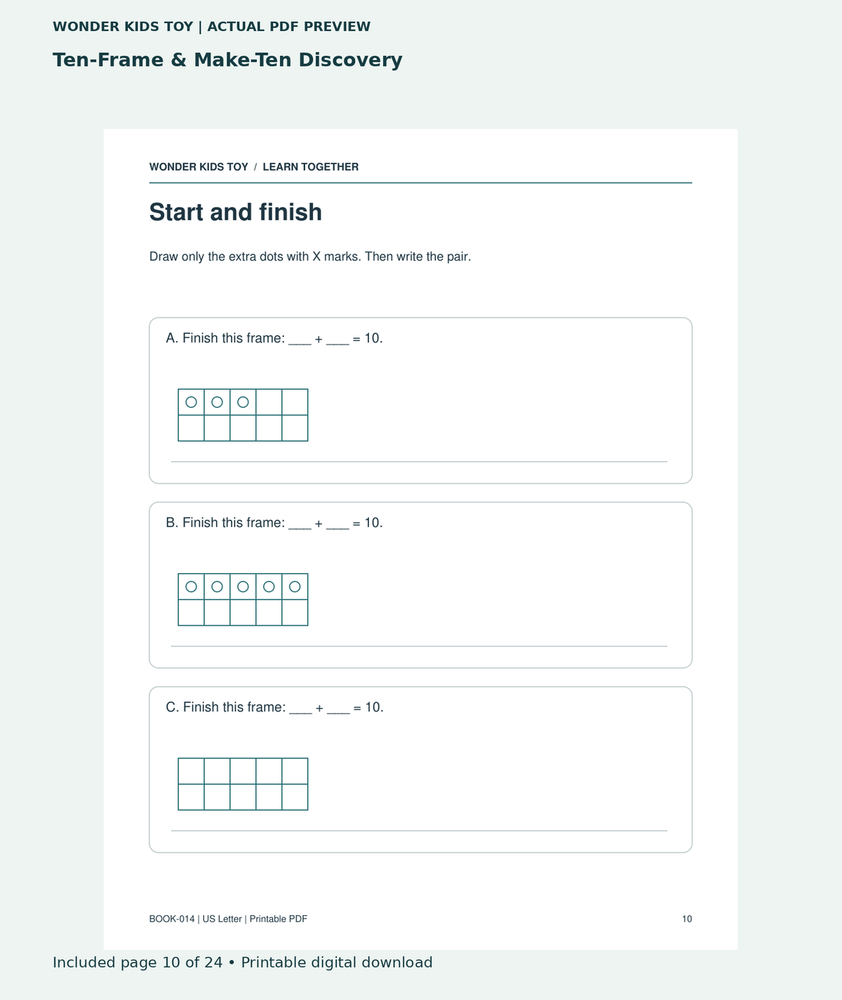 Ten-Frame & Make-Ten Discovery: actual included PDF page 10 of 24, readable interior preview