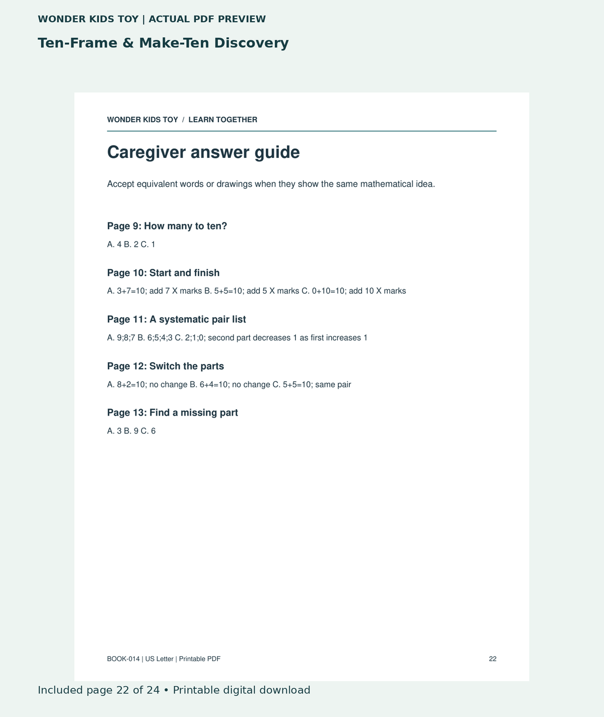 Ten-Frame & Make-Ten Discovery: actual included PDF page 22 of 24, readable interior preview