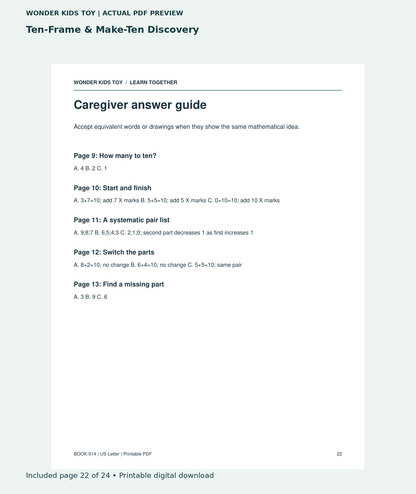 Ten-Frame & Make-Ten Discovery: actual included PDF page 22 of 24, readable interior preview