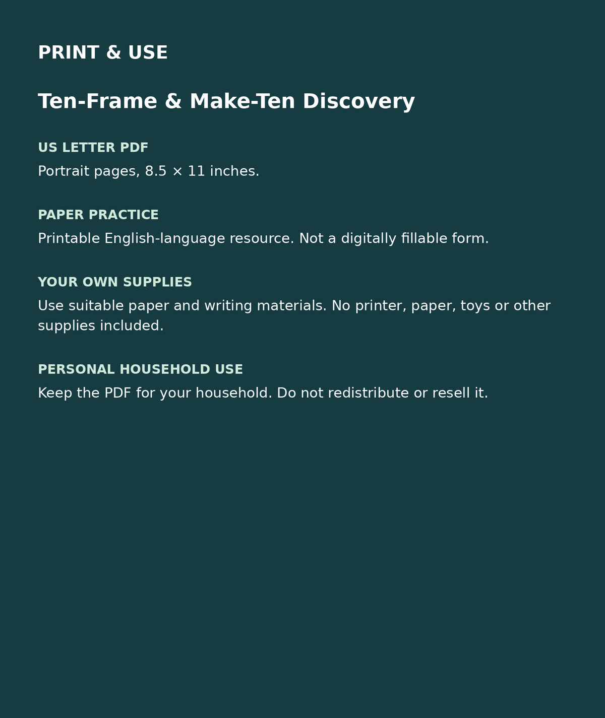 Ten-Frame & Make-Ten Discovery: US Letter English printable PDF, not fillable; own supplies required; personal household use