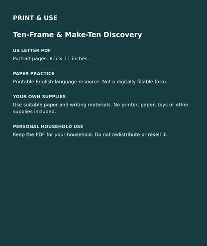 Ten-Frame & Make-Ten Discovery: US Letter English printable PDF, not fillable; own supplies required; personal household use