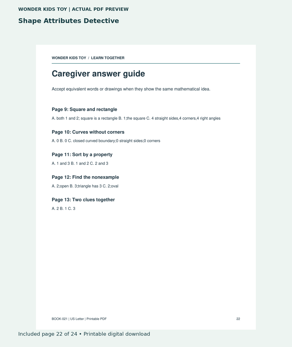 Shape Attributes Detective: actual included PDF page 22 of 24, readable interior preview