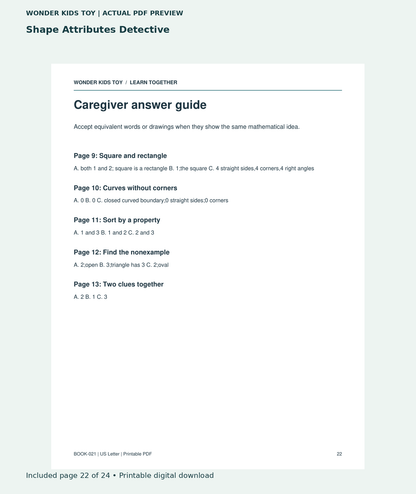 Shape Attributes Detective: actual included PDF page 22 of 24, readable interior preview