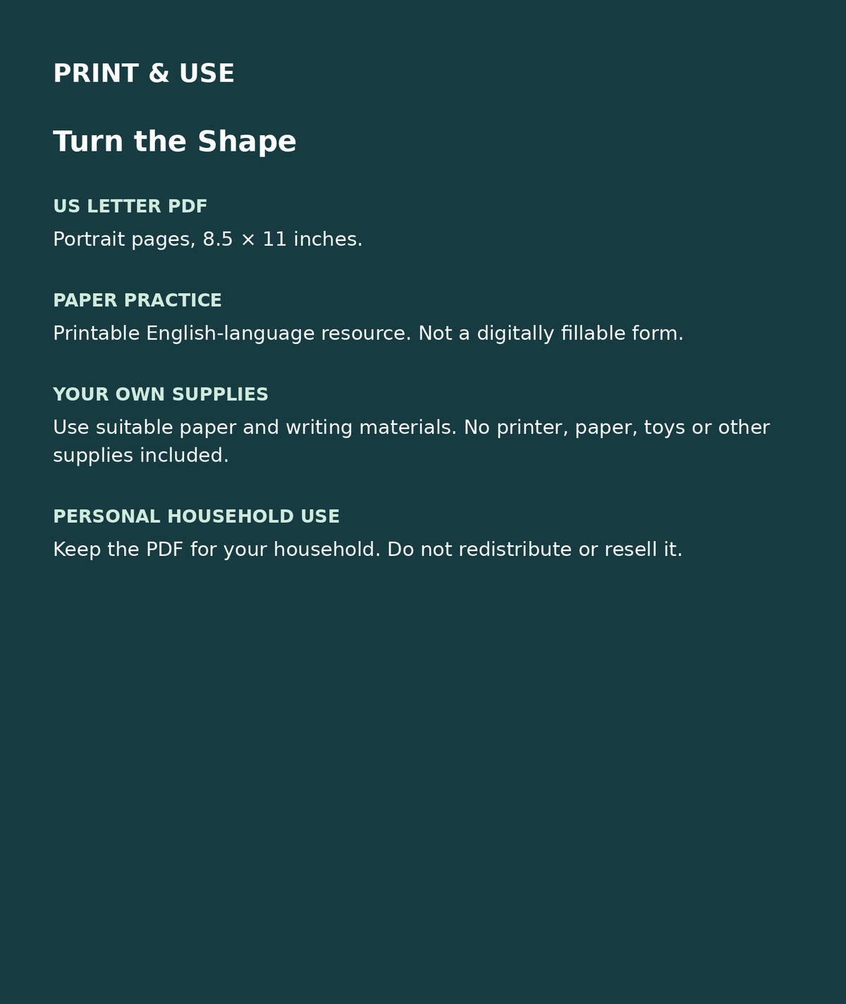 Turn the Shape: US Letter English printable PDF, not fillable; own supplies required; personal household use