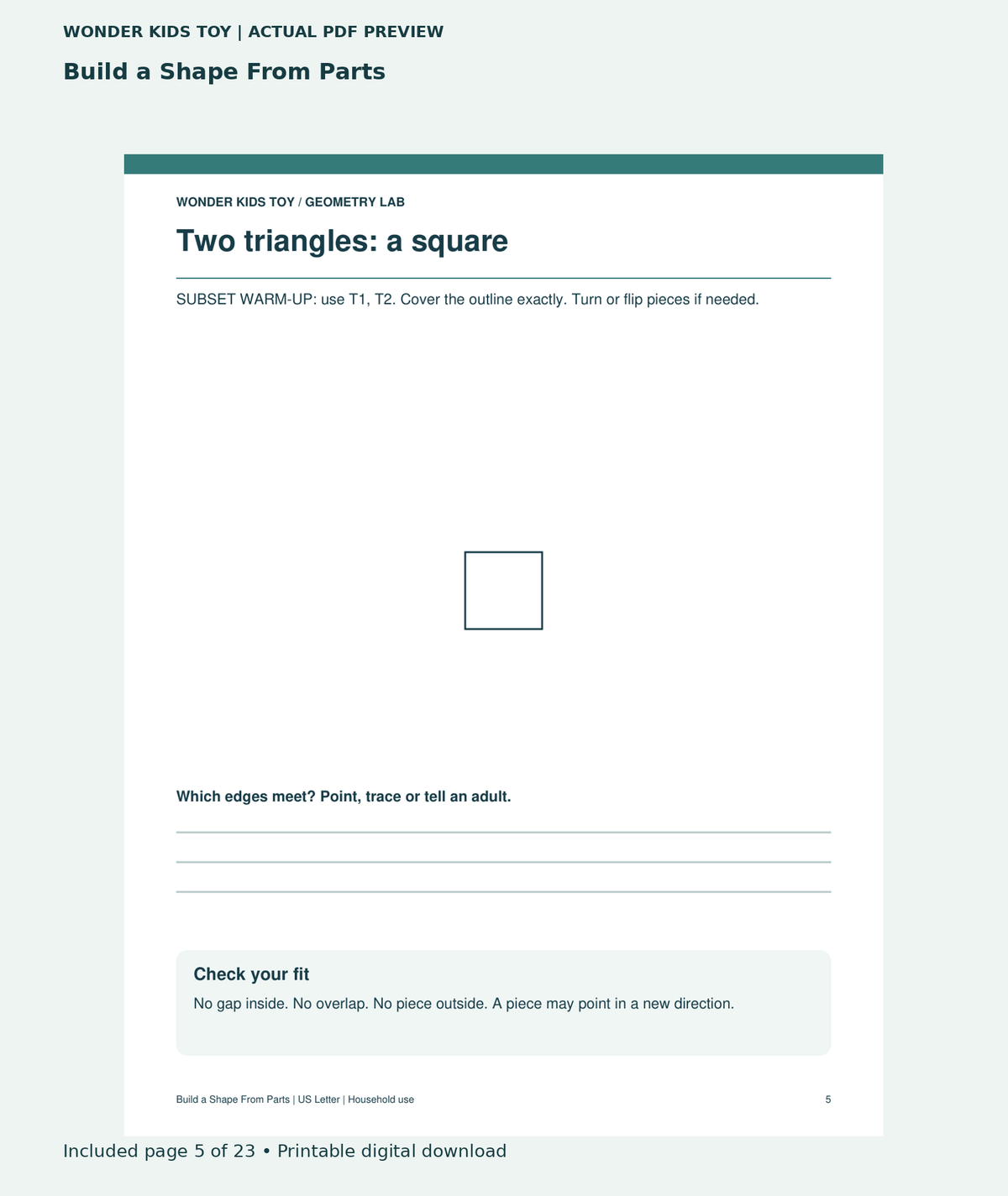 Build a Shape From Parts: actual included PDF page 5 of 23, readable interior preview
