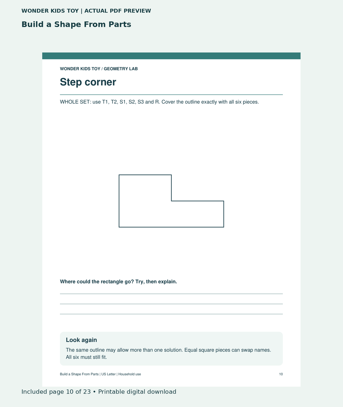 Build a Shape From Parts: actual included PDF page 10 of 23, readable interior preview