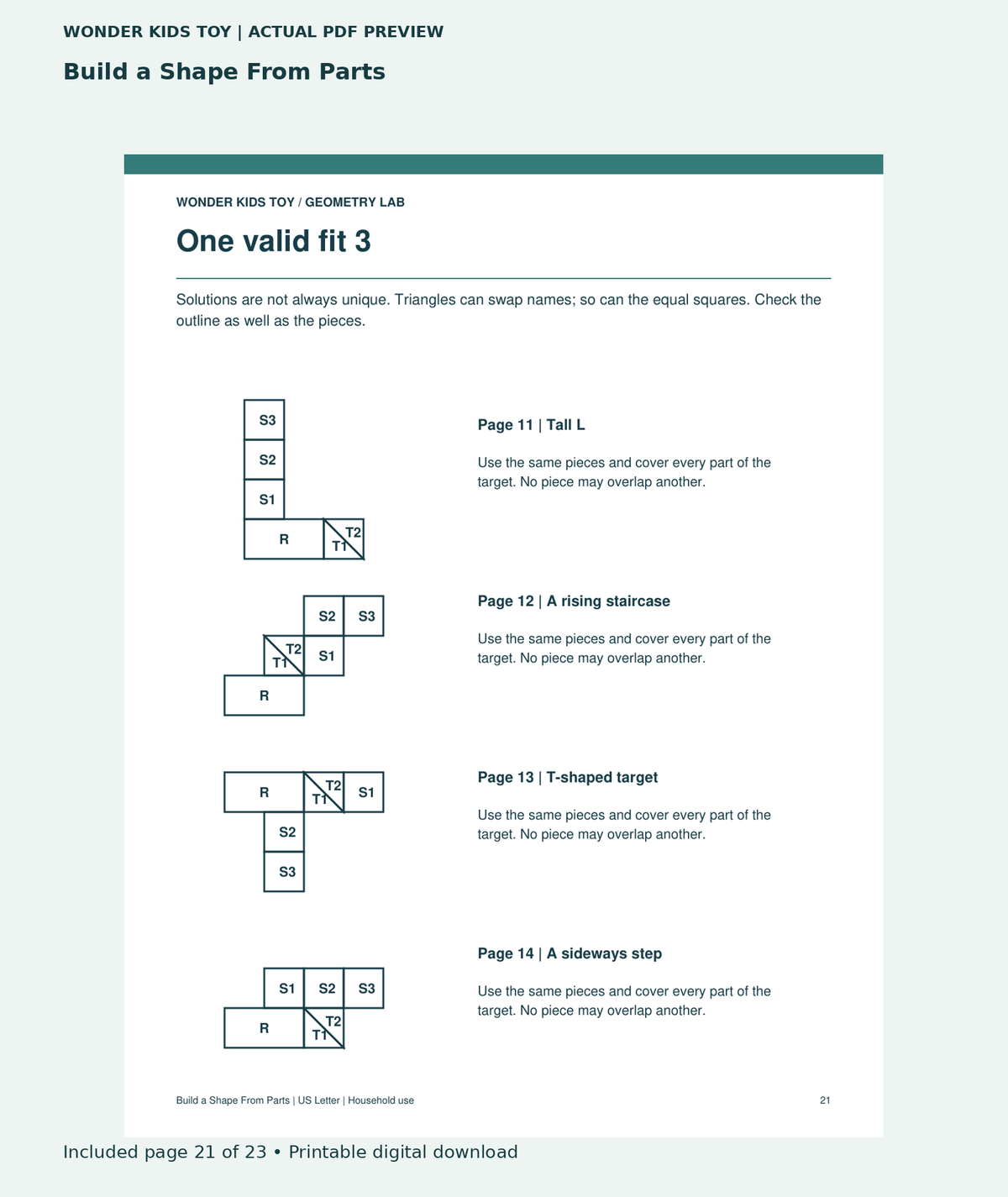 Build a Shape From Parts: actual included PDF page 21 of 23, readable interior preview