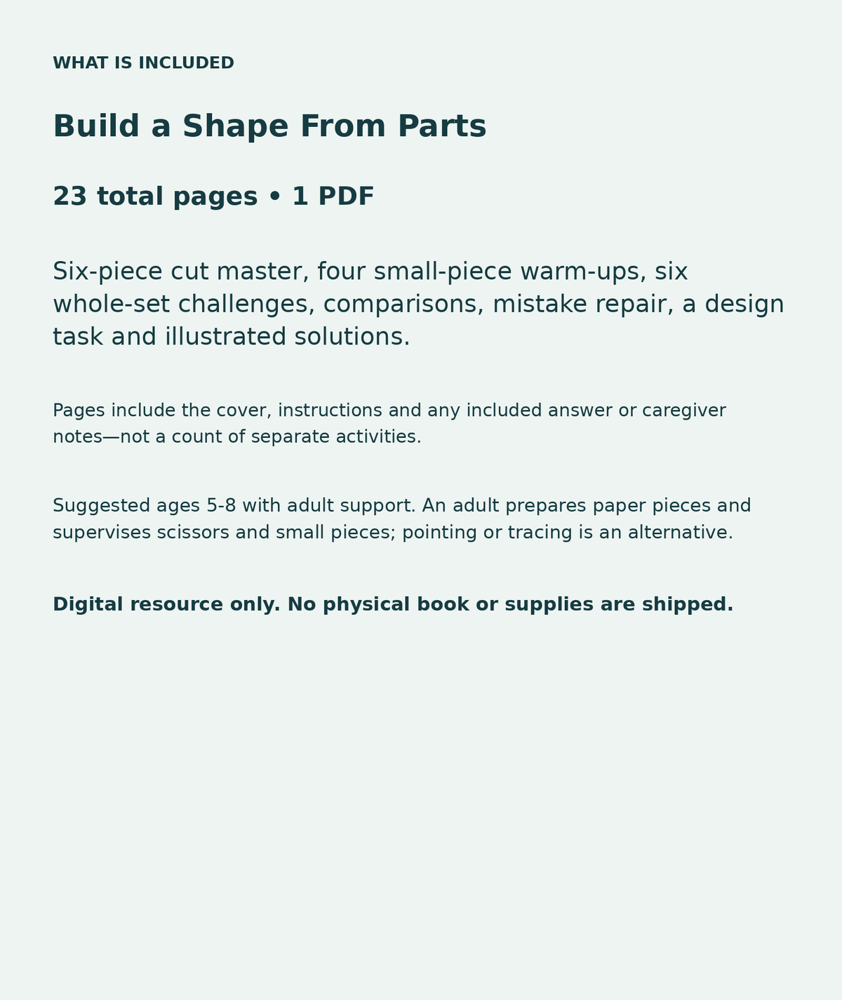Build a Shape From Parts: contents overview, 23 total pages in one PDF; Six-piece cut master, four small-piece warm-ups, six whole-set challenges, comparisons, mistake repair, a design task and illustrated solutions.