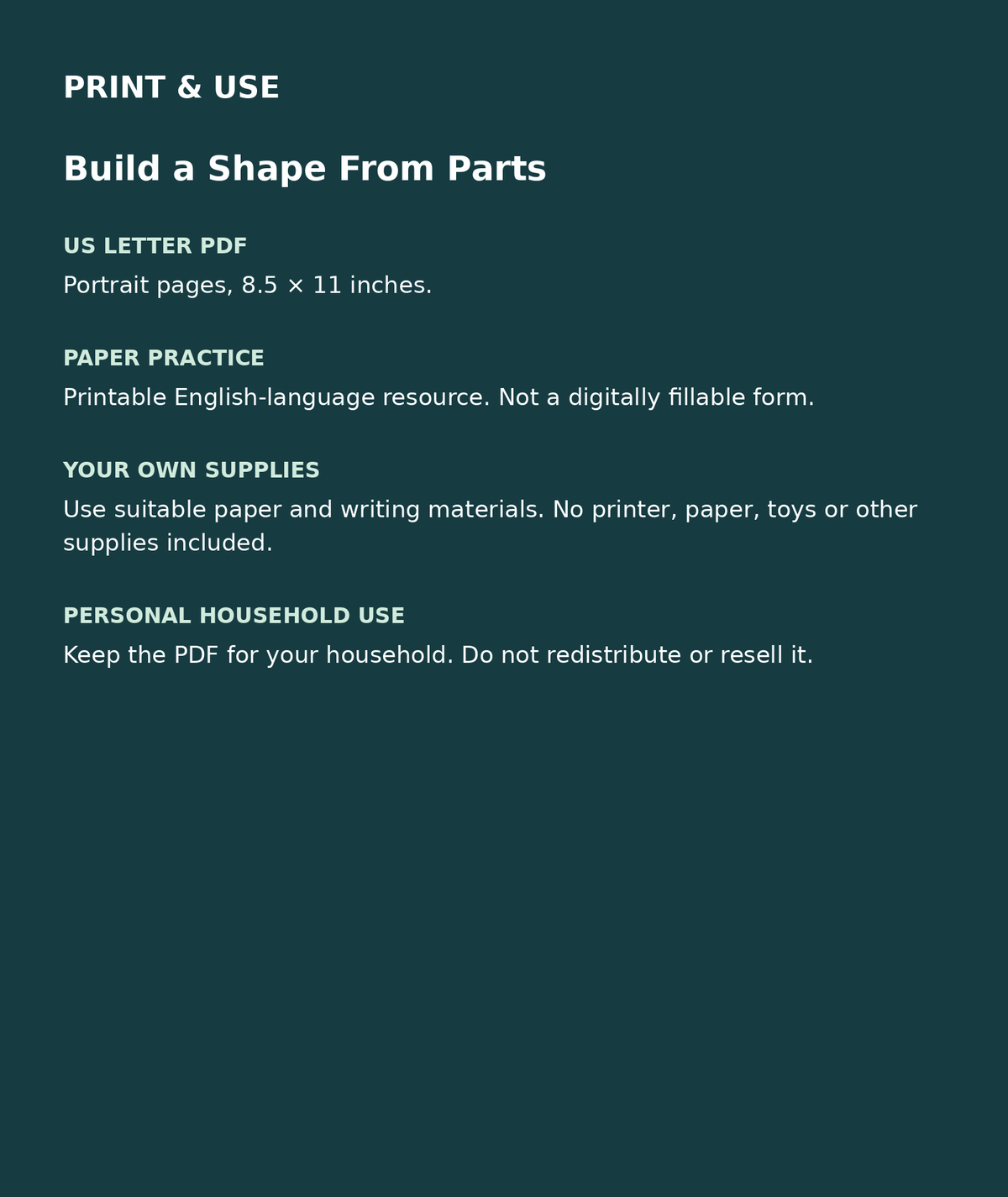 Build a Shape From Parts: US Letter English printable PDF, not fillable; own supplies required; personal household use