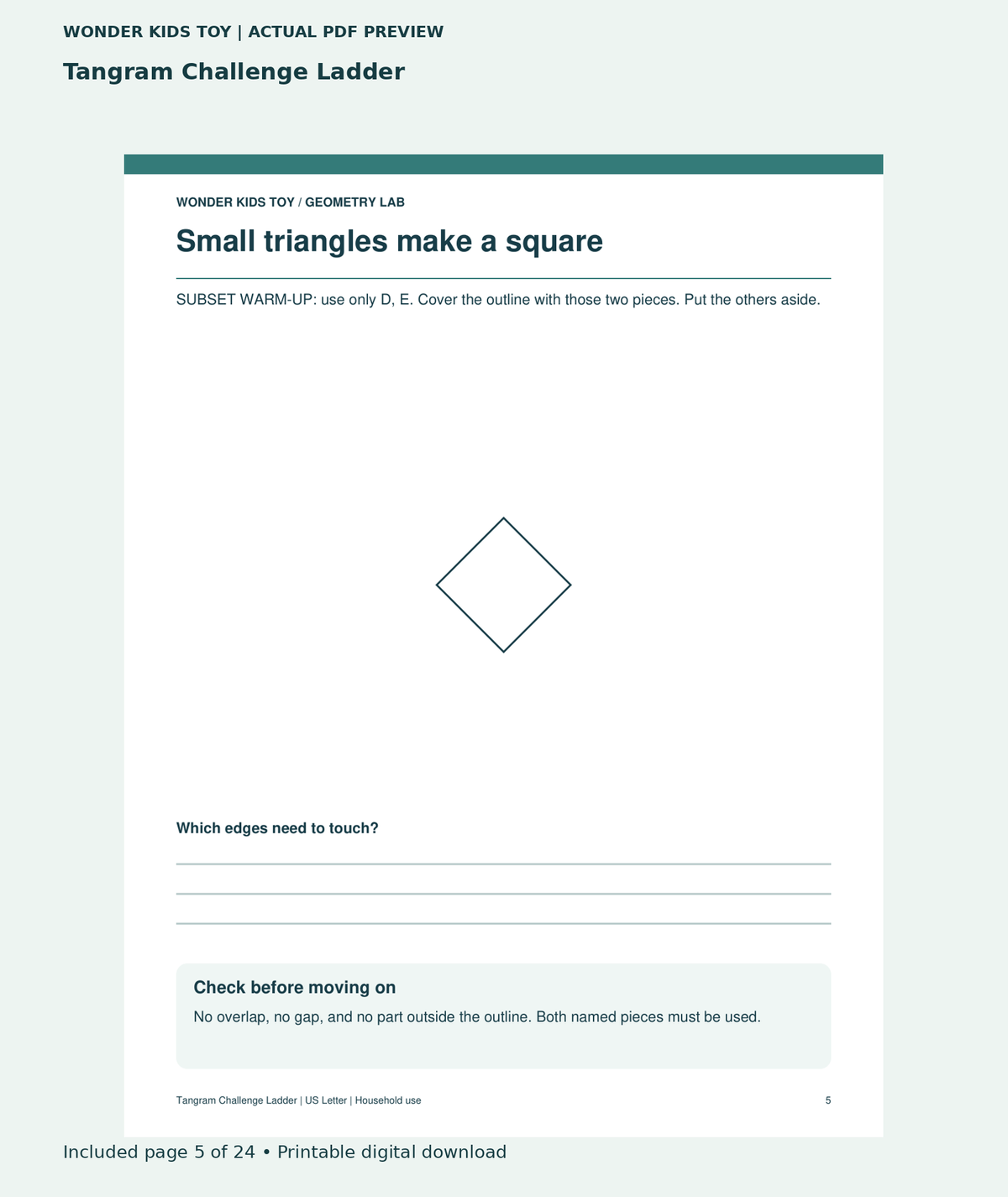 Tangram Challenge Ladder: actual included PDF page 5 of 24, readable interior preview
