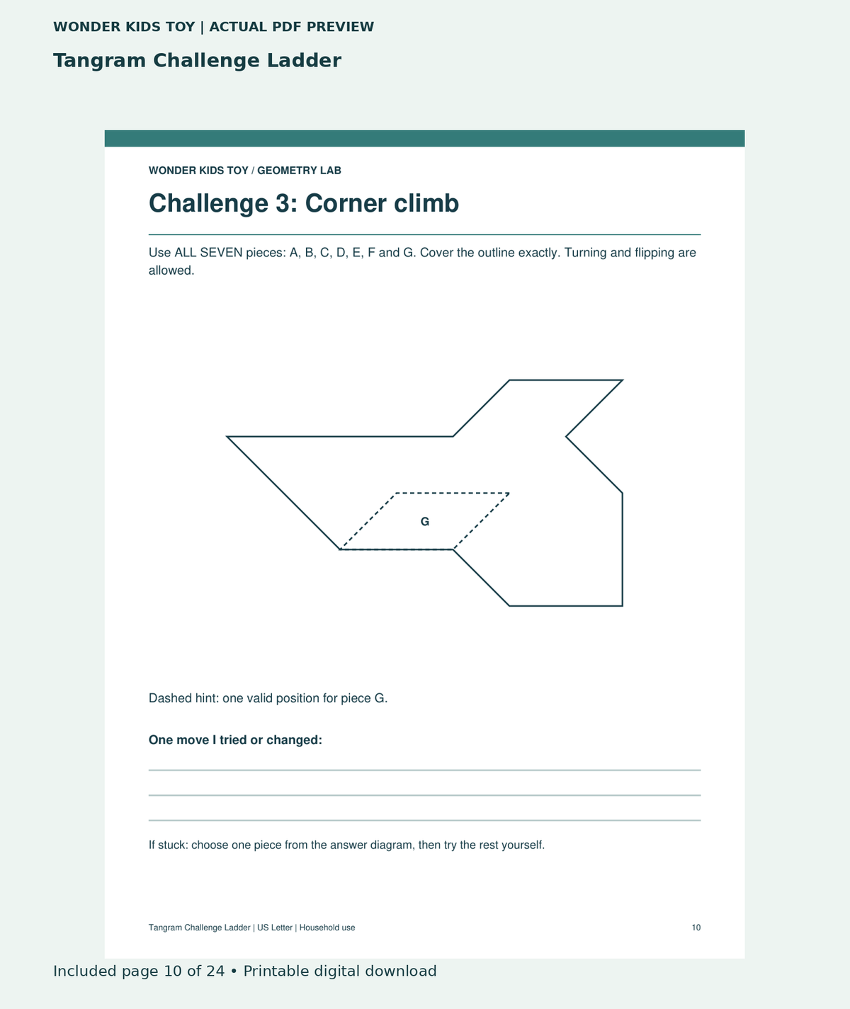 Tangram Challenge Ladder: actual included PDF page 10 of 24, readable interior preview