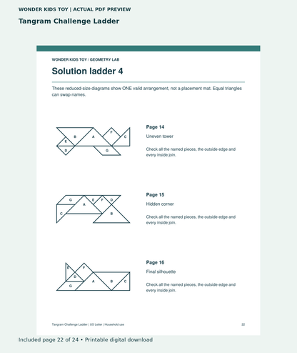 Tangram Challenge Ladder: actual included PDF page 22 of 24, readable interior preview