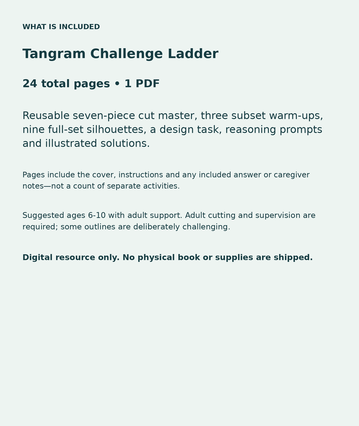 Tangram Challenge Ladder: contents overview, 24 total pages in one PDF; Reusable seven-piece cut master, three subset warm-ups, nine full-set silhouettes, a design task, reasoning prompts and illustrated solutions.
