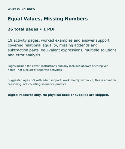 Equal Values, Missing Numbers: contents overview, 26 total pages in one PDF; 19 activity pages, worked examples and answer support covering relational equality, missing addends and subtraction parts, equivalent expressions, multiple solutions and error analysis.