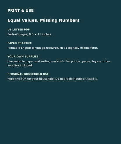 Equal Values, Missing Numbers: US Letter English printable PDF, not fillable; own supplies required; personal household use