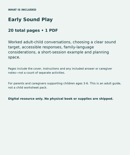 Early Sound Play: contents overview, 20 total pages in one PDF; Worked adult-child conversations, choosing a clear sound target, accessible responses, family-language considerations, a short-session example and planning space.