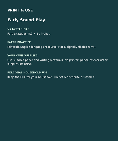 Early Sound Play: US Letter English printable PDF, not fillable; own supplies required; personal household use