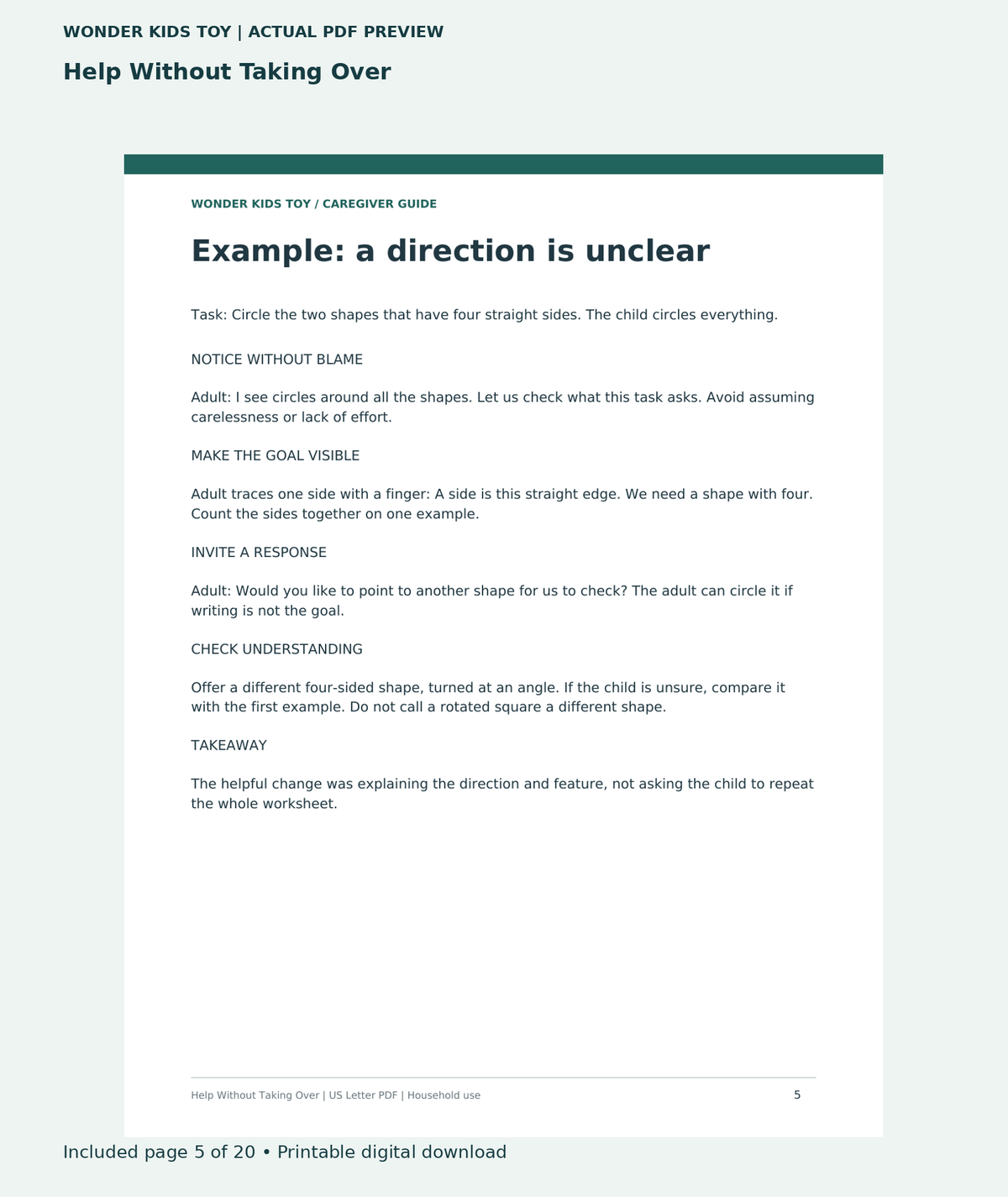 Help Without Taking Over: actual included PDF page 5 of 20, readable interior preview