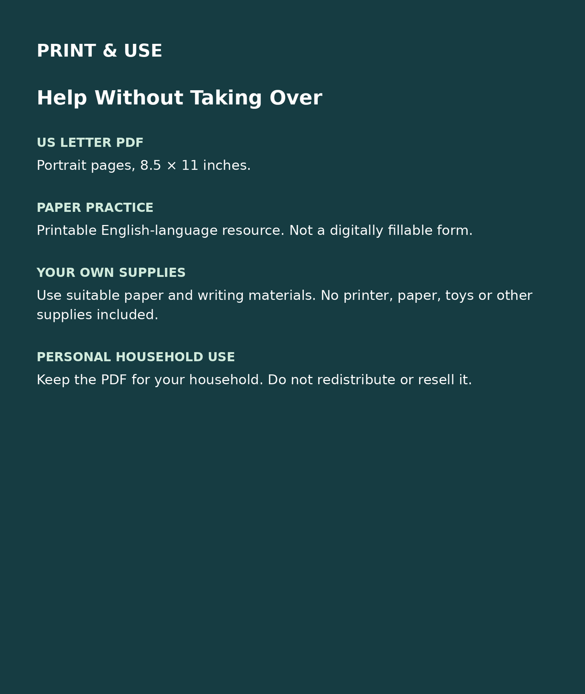 Help Without Taking Over: US Letter English printable PDF, not fillable; own supplies required; personal household use