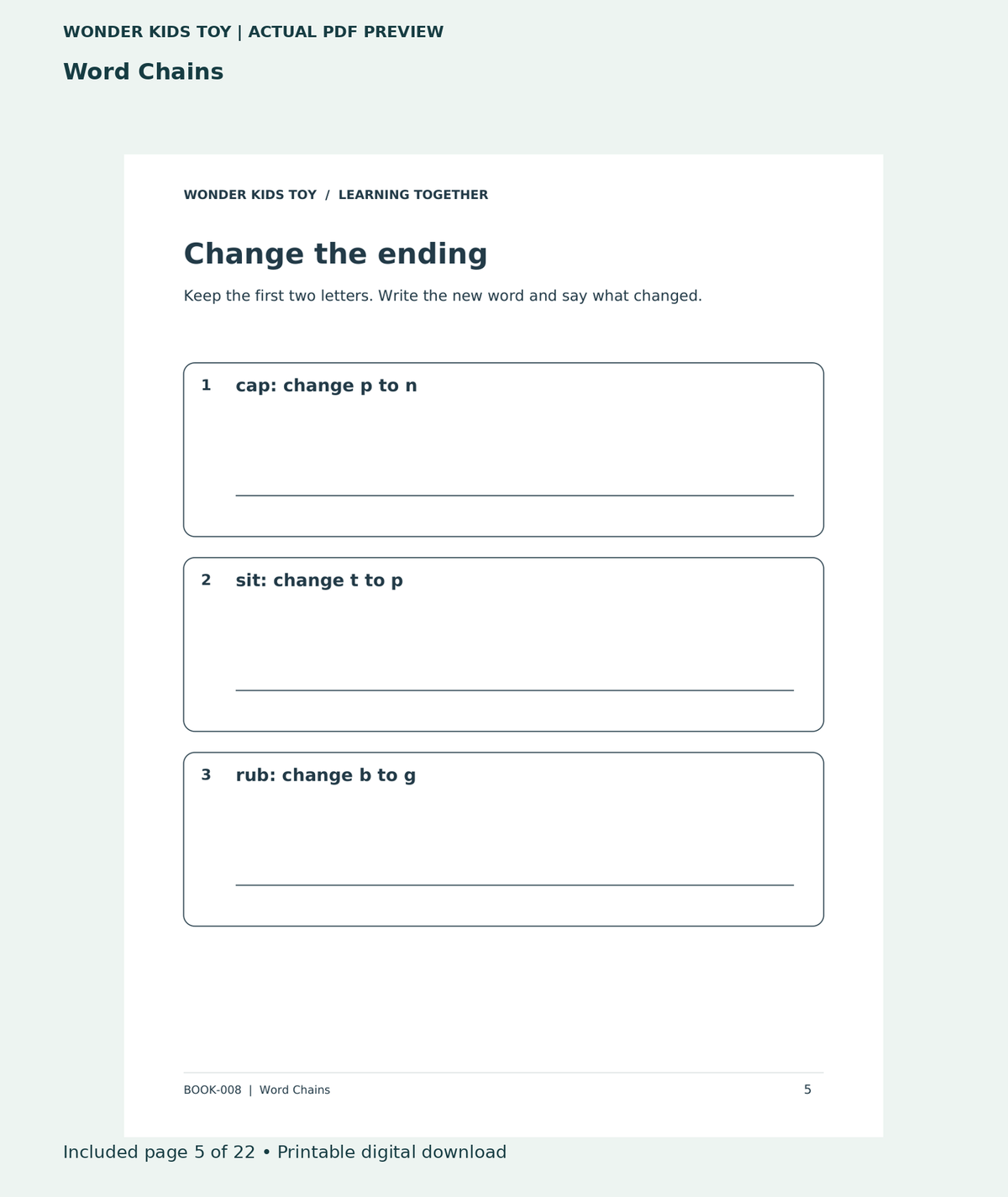 Word Chains: actual included PDF page 5 of 22, readable interior preview