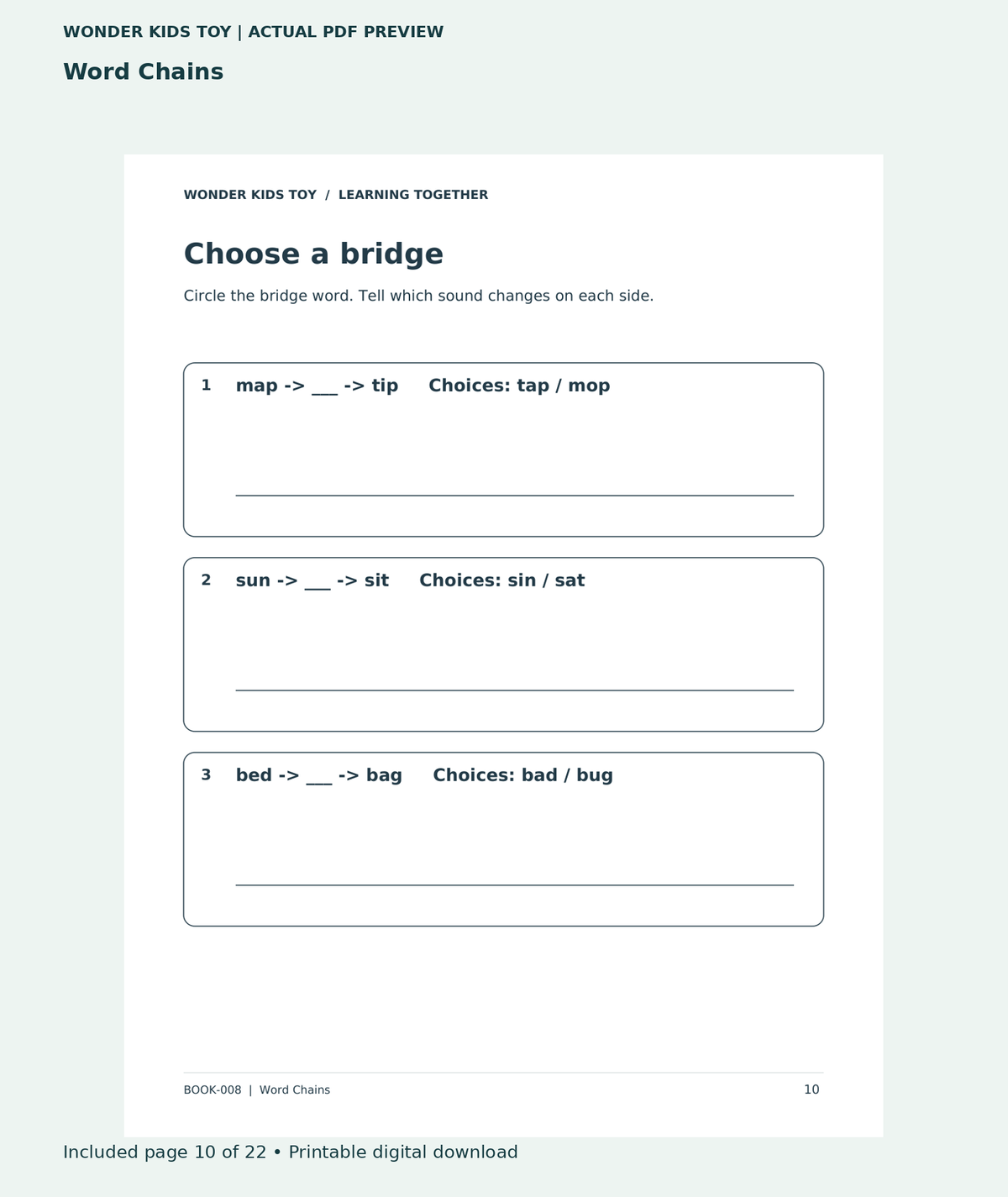 Word Chains: actual included PDF page 10 of 22, readable interior preview