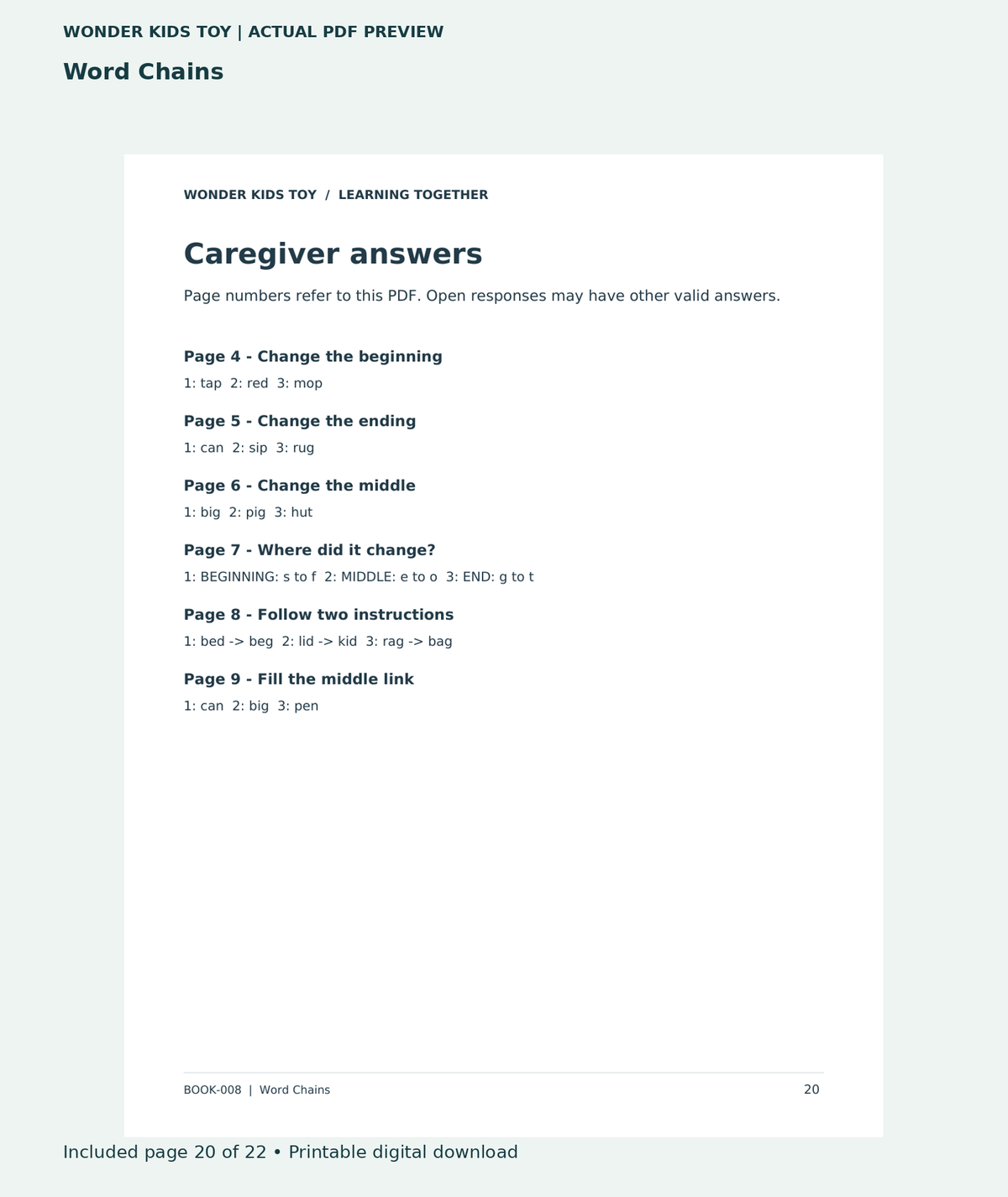 Word Chains: actual included PDF page 20 of 22, readable interior preview