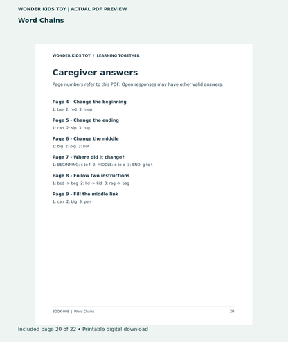Word Chains: actual included PDF page 20 of 22, readable interior preview