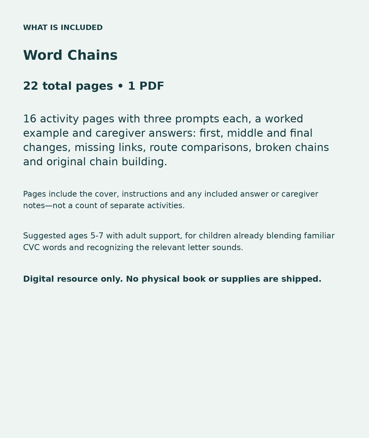 Word Chains: contents overview, 22 total pages in one PDF; 16 activity pages with three prompts each, a worked example and caregiver answers: first, middle and final changes, missing links, route comparisons, broken chains and original chain building.