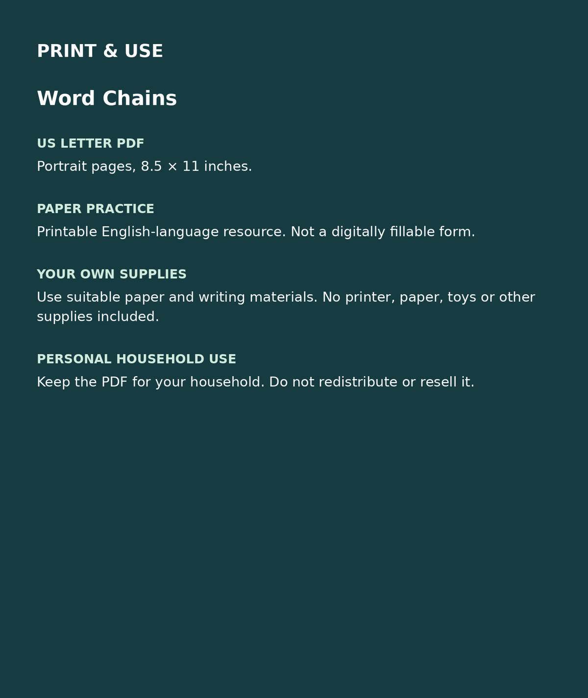 Word Chains: US Letter English printable PDF, not fillable; own supplies required; personal household use
