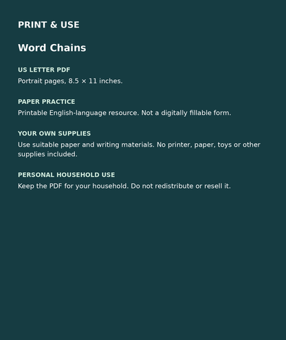 Word Chains: US Letter English printable PDF, not fillable; own supplies required; personal household use