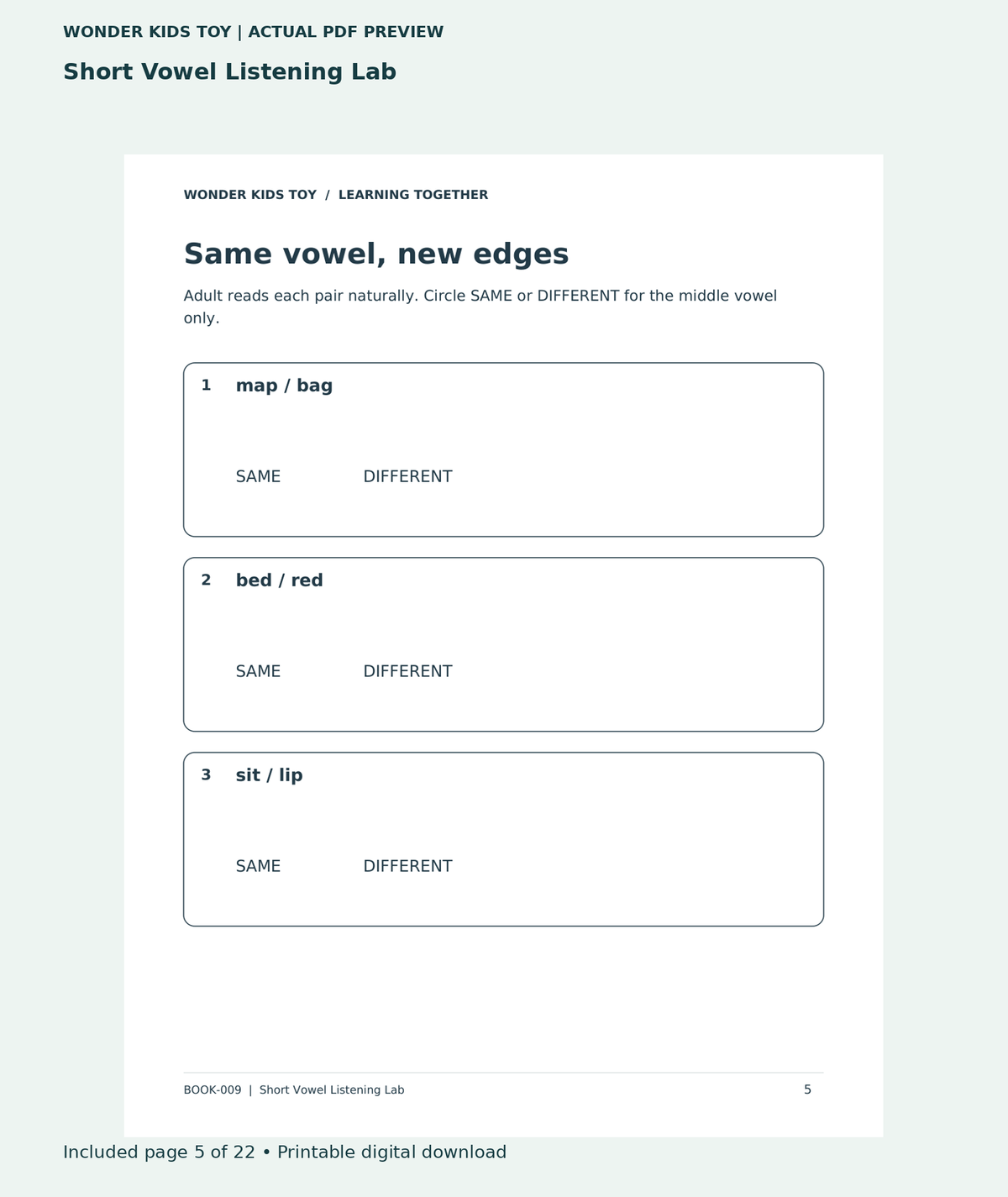 Short Vowel Listening Lab: actual included PDF page 5 of 22, readable interior preview
