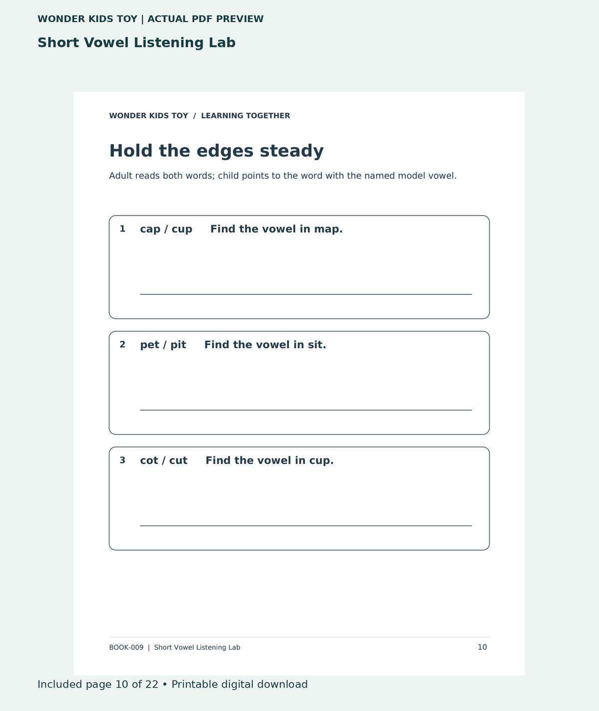 Short Vowel Listening Lab: actual included PDF page 10 of 22, readable interior preview