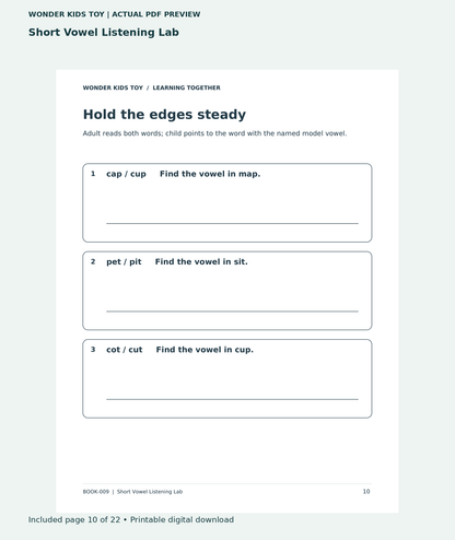 Short Vowel Listening Lab: actual included PDF page 10 of 22, readable interior preview