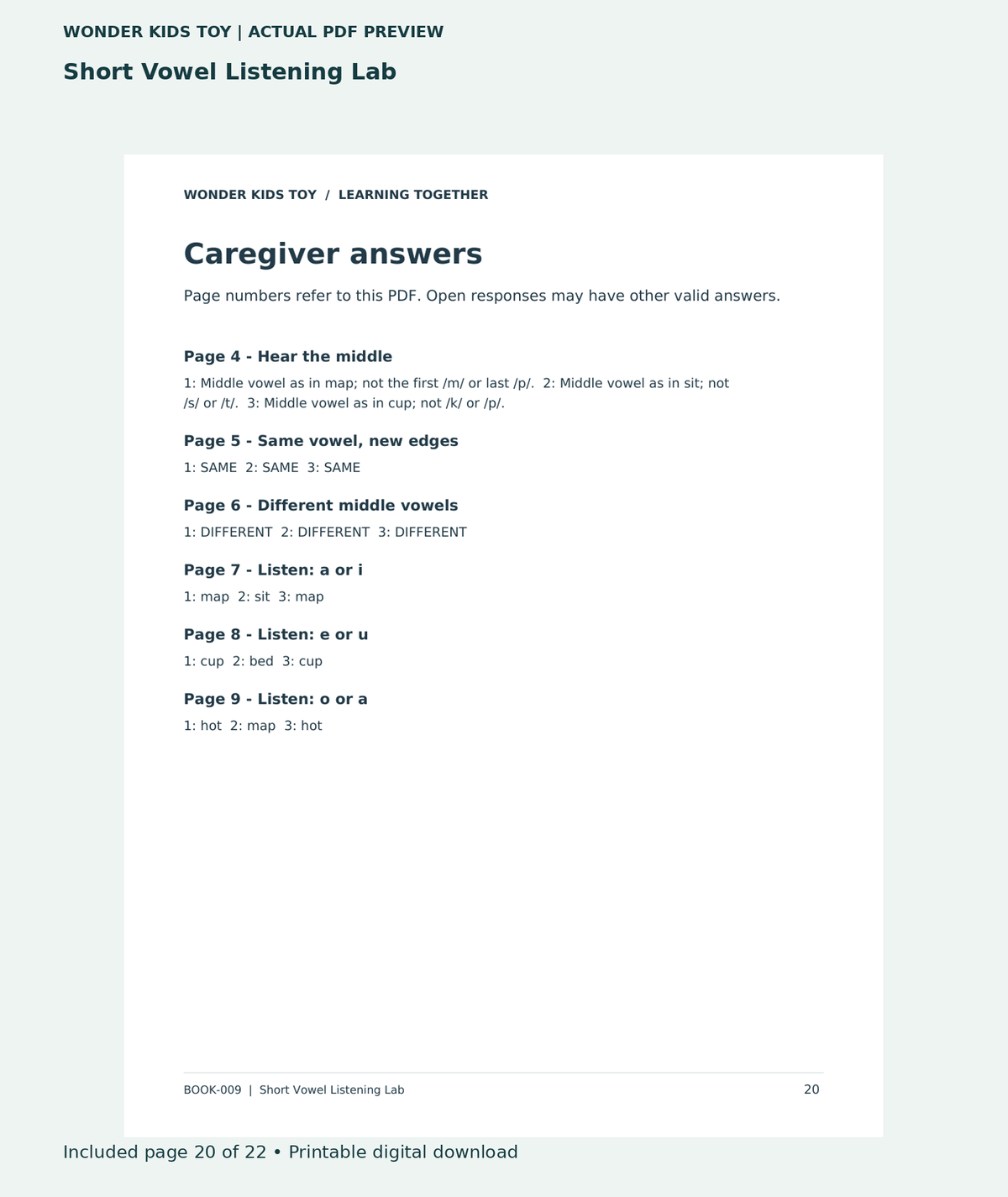 Short Vowel Listening Lab: actual included PDF page 20 of 22, readable interior preview