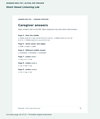 Short Vowel Listening Lab: actual included PDF page 20 of 22, readable interior preview