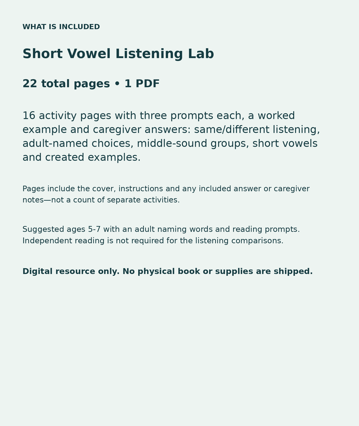 Short Vowel Listening Lab: contents overview, 22 total pages in one PDF; 16 activity pages with three prompts each, a worked example and caregiver answers: same/different listening, adult-named choices, middle-sound groups, short vowels and created examples.