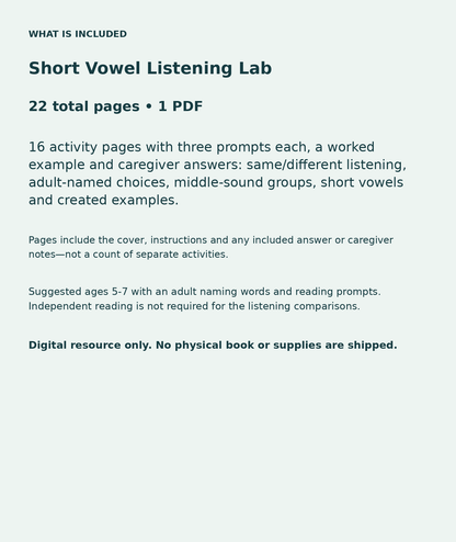 Short Vowel Listening Lab: contents overview, 22 total pages in one PDF; 16 activity pages with three prompts each, a worked example and caregiver answers: same/different listening, adult-named choices, middle-sound groups, short vowels and created examples.