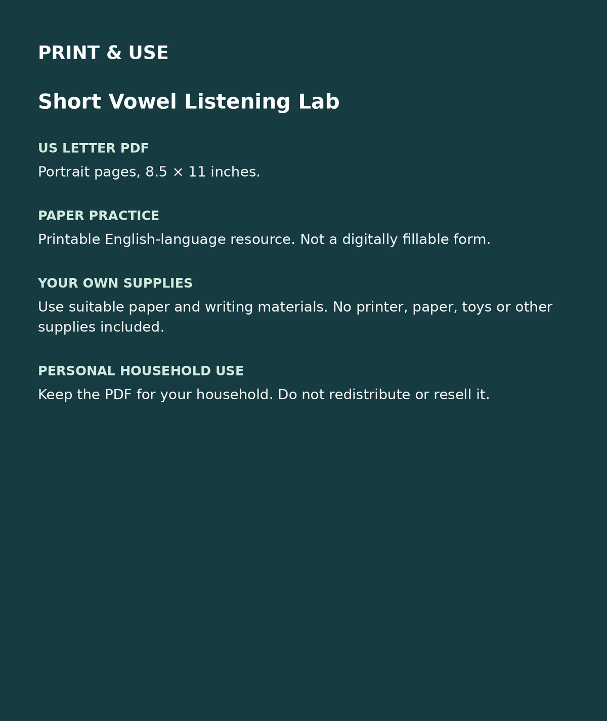 Short Vowel Listening Lab: US Letter English printable PDF, not fillable; own supplies required; personal household use