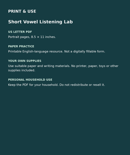 Short Vowel Listening Lab: US Letter English printable PDF, not fillable; own supplies required; personal household use