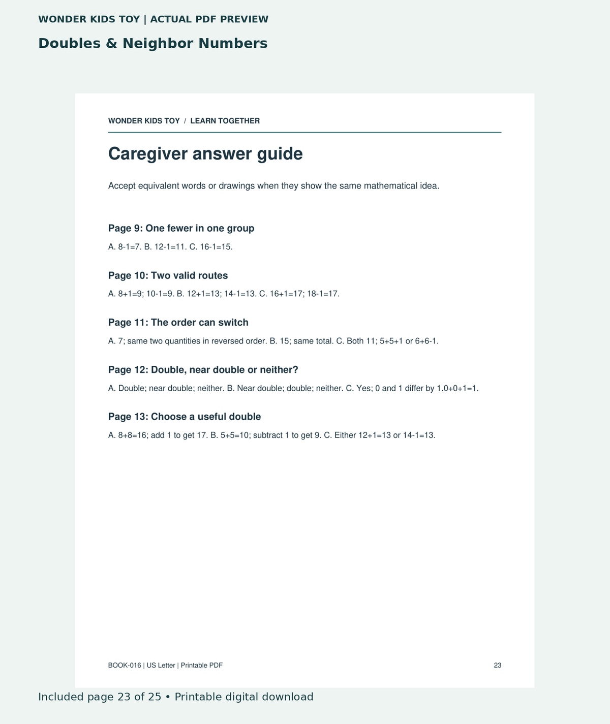 Doubles & Neighbor Numbers: actual included PDF page 23 of 25, readable interior preview