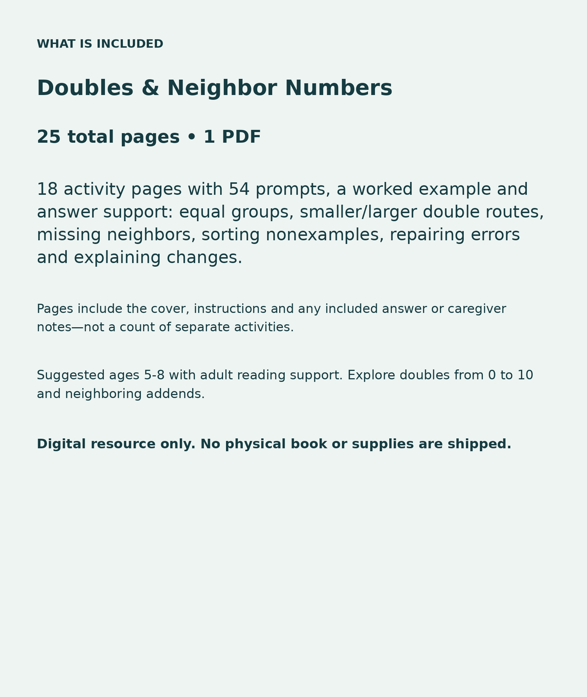 Doubles & Neighbor Numbers: contents overview, 25 total pages in one PDF; 18 activity pages with 54 prompts, a worked example and answer support: equal groups, smaller/larger double routes, missing neighbors, sorting nonexamples, repairing errors and explaining changes.