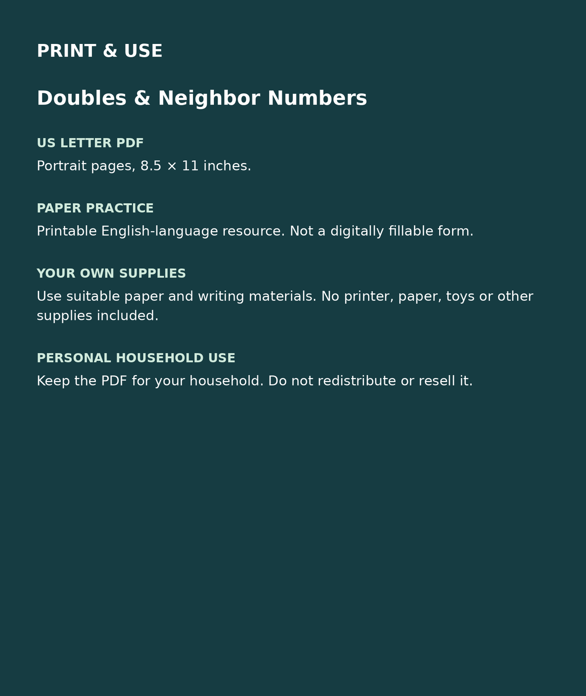 Doubles & Neighbor Numbers: US Letter English printable PDF, not fillable; own supplies required; personal household use