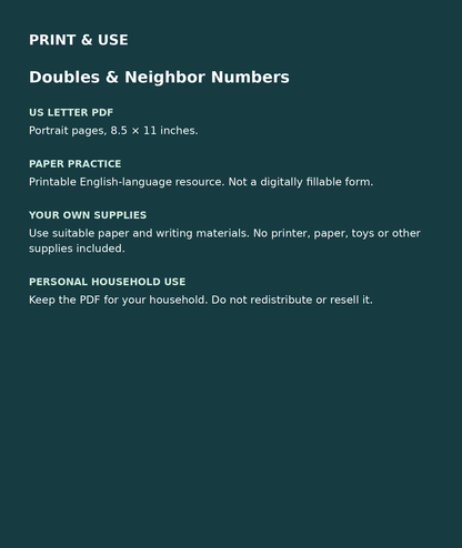 Doubles & Neighbor Numbers: US Letter English printable PDF, not fillable; own supplies required; personal household use