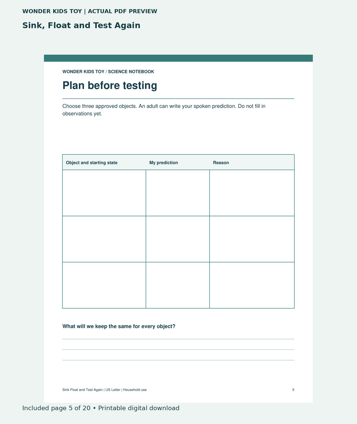 Sink, Float and Test Again: actual included PDF page 5 of 20, readable interior preview