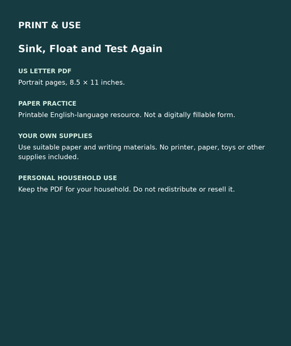 Sink, Float and Test Again: US Letter English printable PDF, not fillable; own supplies required; personal household use