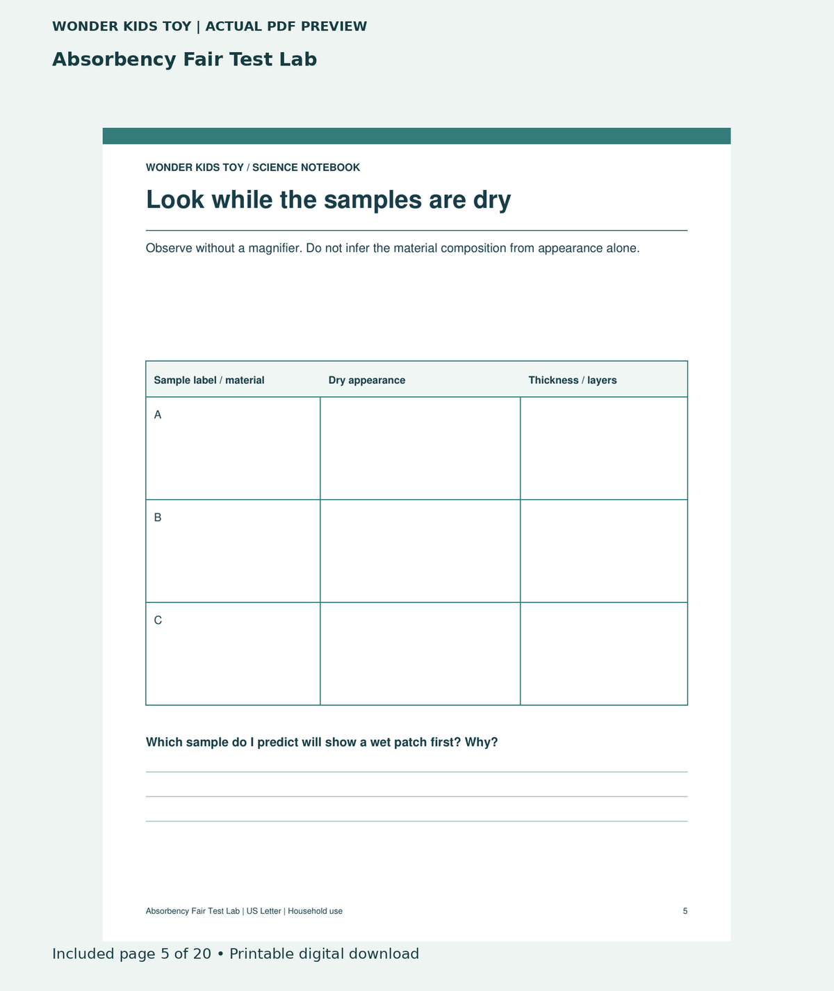 Absorbency Fair Test Lab: actual included PDF page 5 of 20, readable interior preview