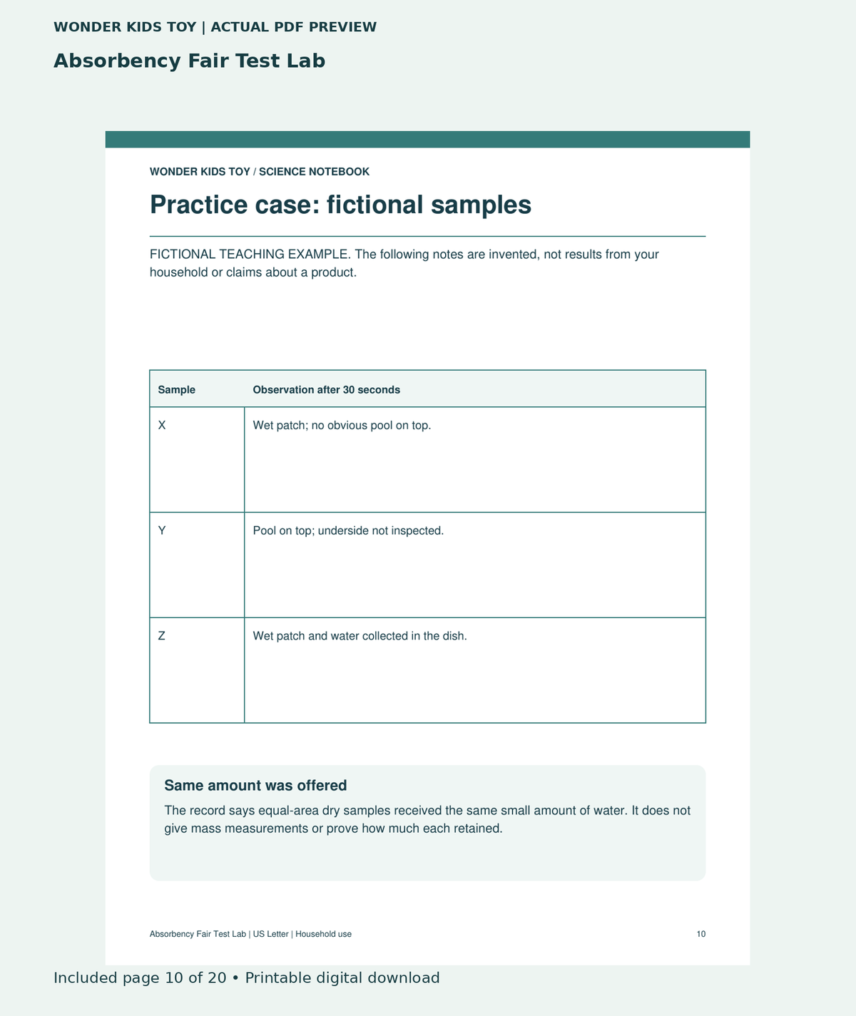 Absorbency Fair Test Lab: actual included PDF page 10 of 20, readable interior preview