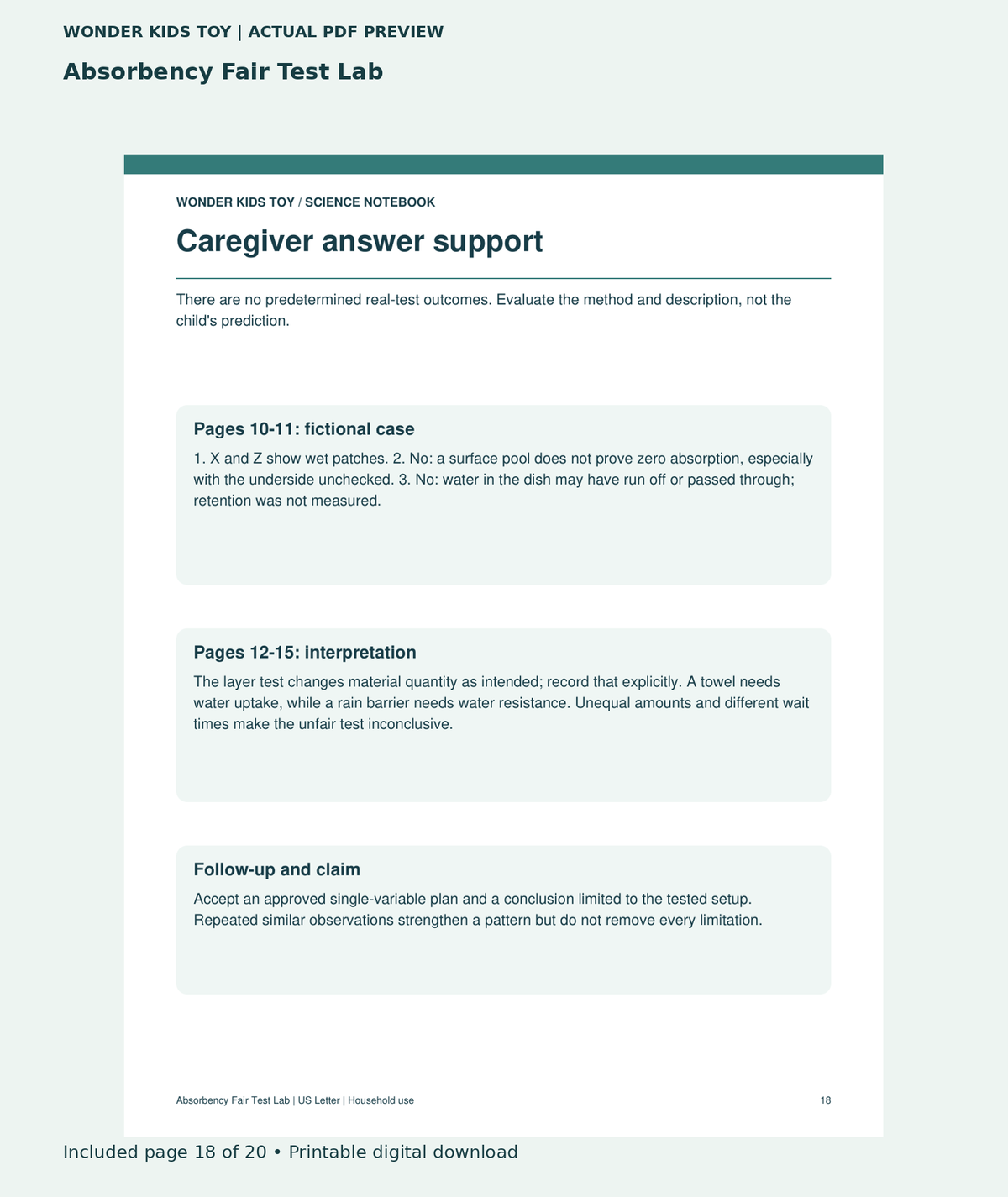 Absorbency Fair Test Lab: actual included PDF page 18 of 20, readable interior preview